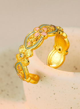 新中式古法沙金珐琅彩繁花似锦戒指高级感轻奢气质指环直播货源