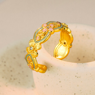 新中式古法沙金珐琅彩繁花似锦戒指高级感轻奢气质指环直播货源