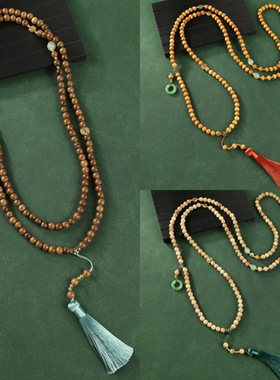 原创国风斜挎链崖柏佛珠流苏项链女士背背链旗袍配饰平安扣毛衣链