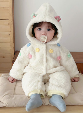 婴儿秋冬新款加绒加厚连帽防寒保暖连体衣女宝宝冬季外出服Z1295