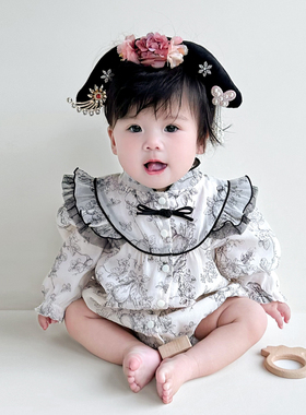 婴儿旗袍女宝宝秋装长袖连体衣水墨画国风公主包屁哈衣爬服z1180