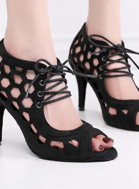 高跟拉丁舞鞋成人黑色跳舞鞋软底舞蹈鞋镂空女式salsa舞鞋高跟鞋