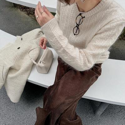 通勤百搭简约圆领羊毛麻花毛衣