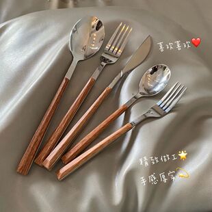 创意仿木柄牛排刀叉长柄ins韩风西餐刀叉甜品勺家用西餐具韩式