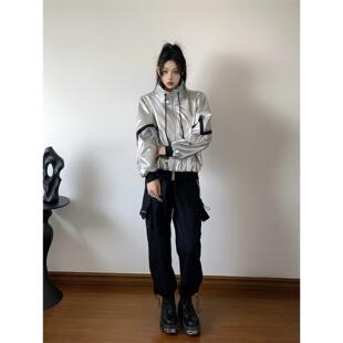 银色卫衣女新款2025爆款时尚洋气宽松慵懒风开衫外套工装裤子套装