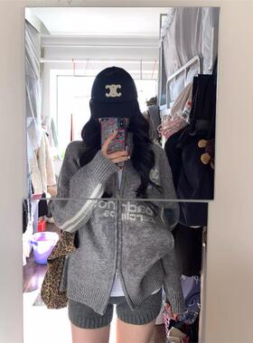 oversize！棒球风翻领拉炼毛衣开衫女外套秋装新款韩版宽松针织衫