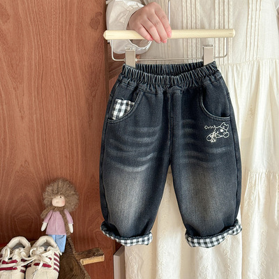 男童一体绒牛仔裤冬款宝宝加绒格子翻边长裤婴儿加厚保暖裤子 a类