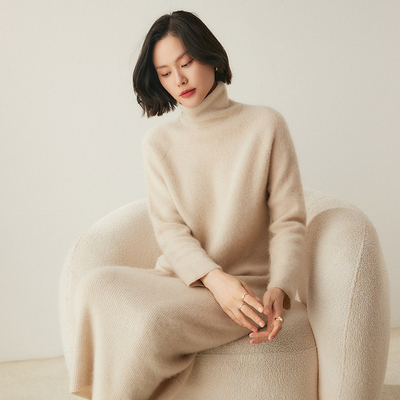 高端长款宽松元宝针山羊绒衫高领毛衣女装2025冬季打底针织连衣裙