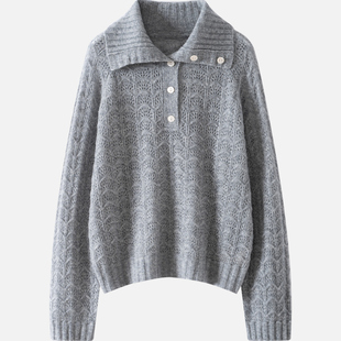 康宝莱纱线~75%山羊绒25%桑蚕丝！镂空大翻领针织衫女宽松毛衣