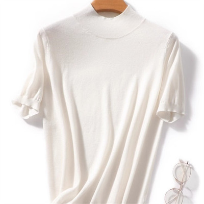 精纺羊毛衫短袖女夏白色上衣针织衫黑色打底衫薄款高级感灰色t恤