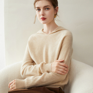 2025新款一线成衣纯山羊绒衫女插件连帽套头毛衣宽松针织打底上衣