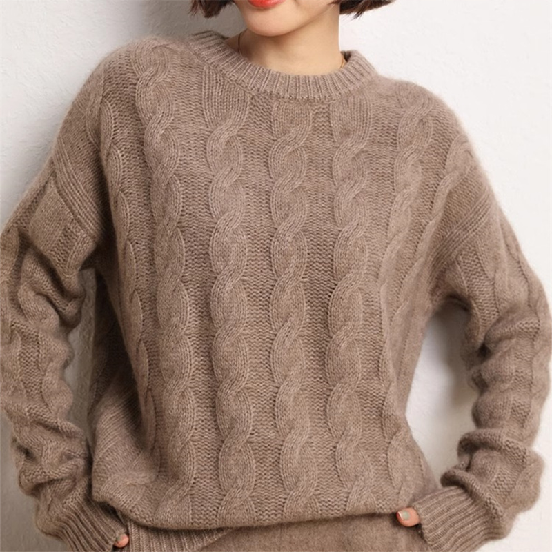 羊绒衫女100%山羊绒毛衣女秋冬套头加厚宽松慵懒麻花针织打底衫