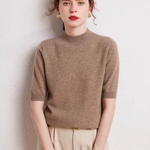 无缝一体100%纯山羊绒短袖女半高领毛衣半袖针织打底衫