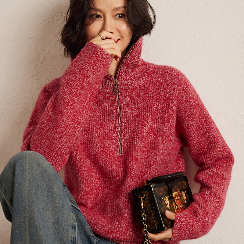 宽松休闲~花纱慵懒山羊绒衫冬季加厚半拉链翻领毛衣针织羊毛衫