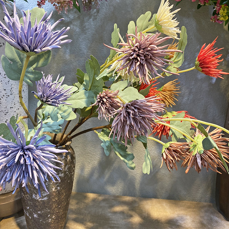 仿真植物菊花小清新蟹爪菊婚庆装饰家居摆饰件蓝白样板房假花摄影