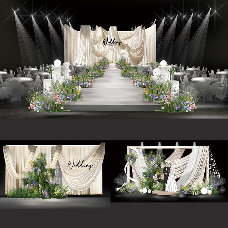 婚礼布景效果图设计素材香槟色布幔花艺设计效果图PSD素材舞台背