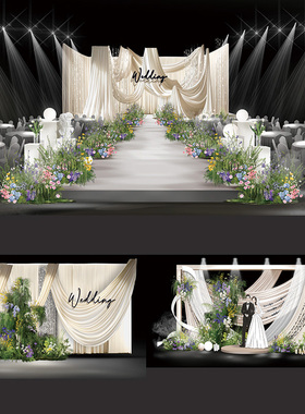 婚礼布景效果图设计素材香槟色布幔花艺设计效果图PSD素材舞台背