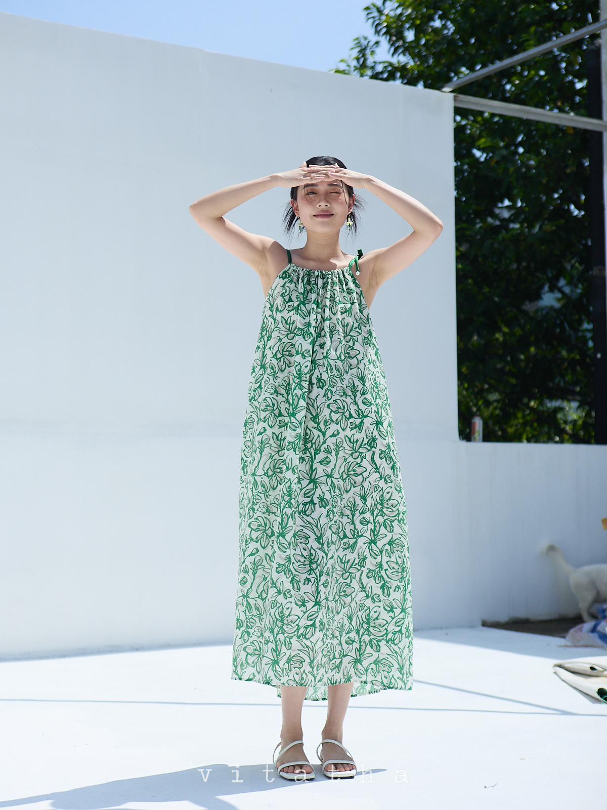 天丝真丝绿碎花抽绳系带连衣裙