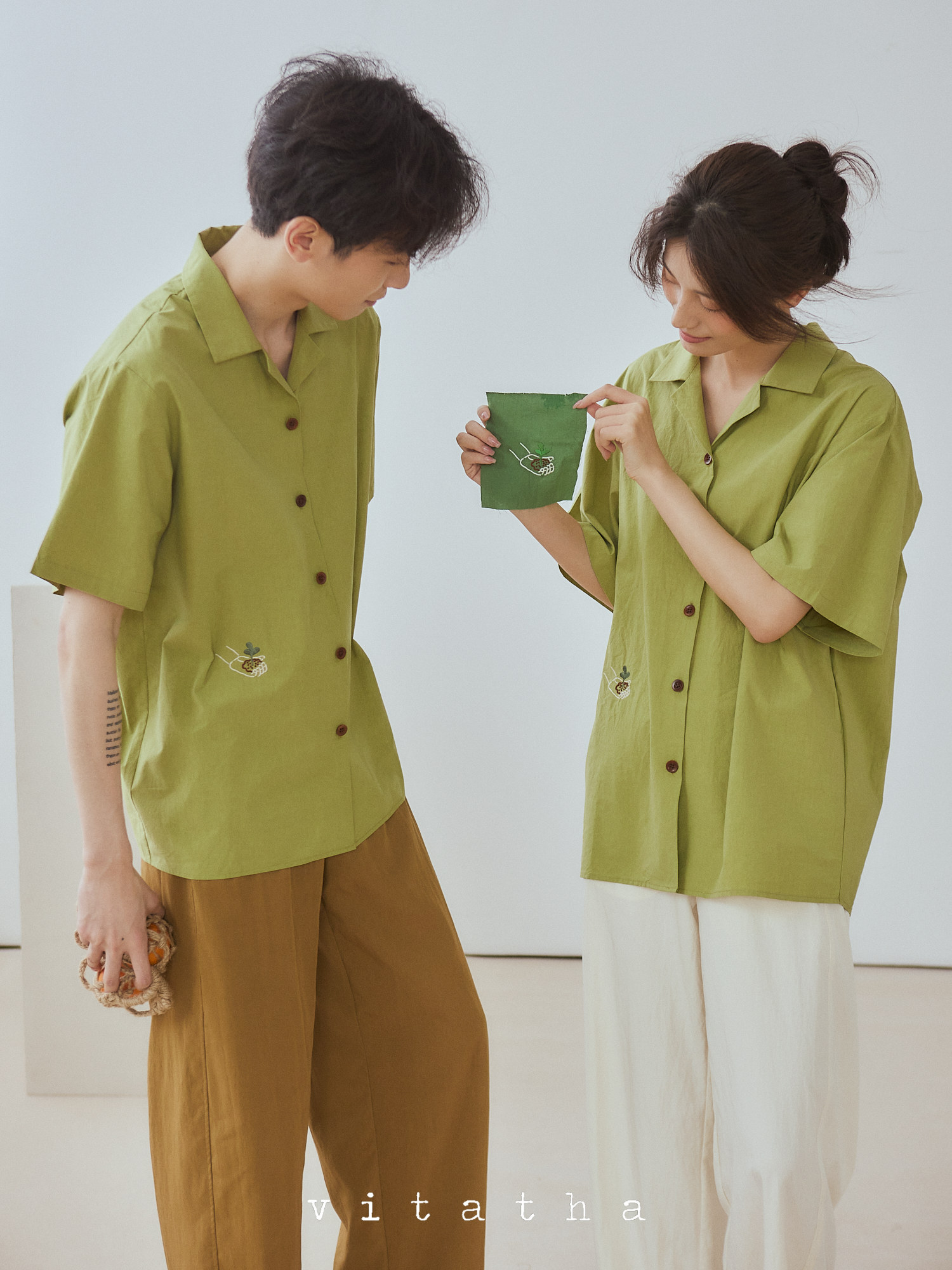 Vitatha X Vert  夏日刺绣古巴领宽松透气短袖衬衫男女百搭