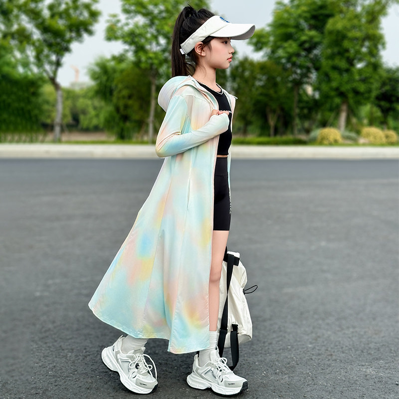 女童夏季长款防晒衣童装新款儿童连帽冰丝长袖户外薄款外套洋气潮