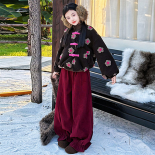 女童冬季加厚国风外套套装2025新款儿童夹棉开衫加绒花苞裤两件套