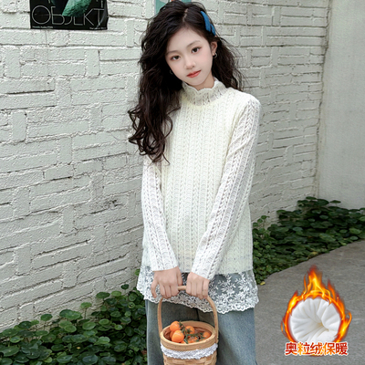 女童冬季蕾丝加绒打底衫