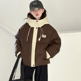 女童冬装加厚羽绒服保暖外套2025新款儿童休闲连帽三防PU皮上衣潮