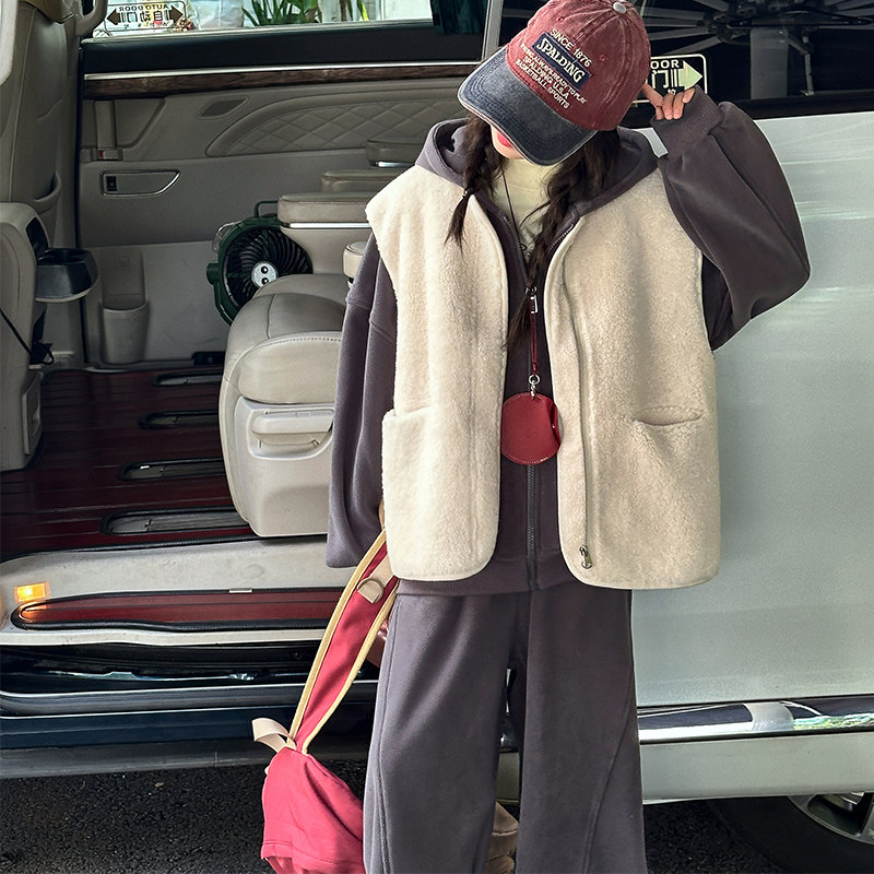 女童冬季加绒卫衣马甲套装2025新款女孩连帽宽松外套休闲裤三件套