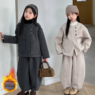 女童冬季加绒呢子套装儿童毛呢外套男童呢子大衣长裤两件套弯刀裤