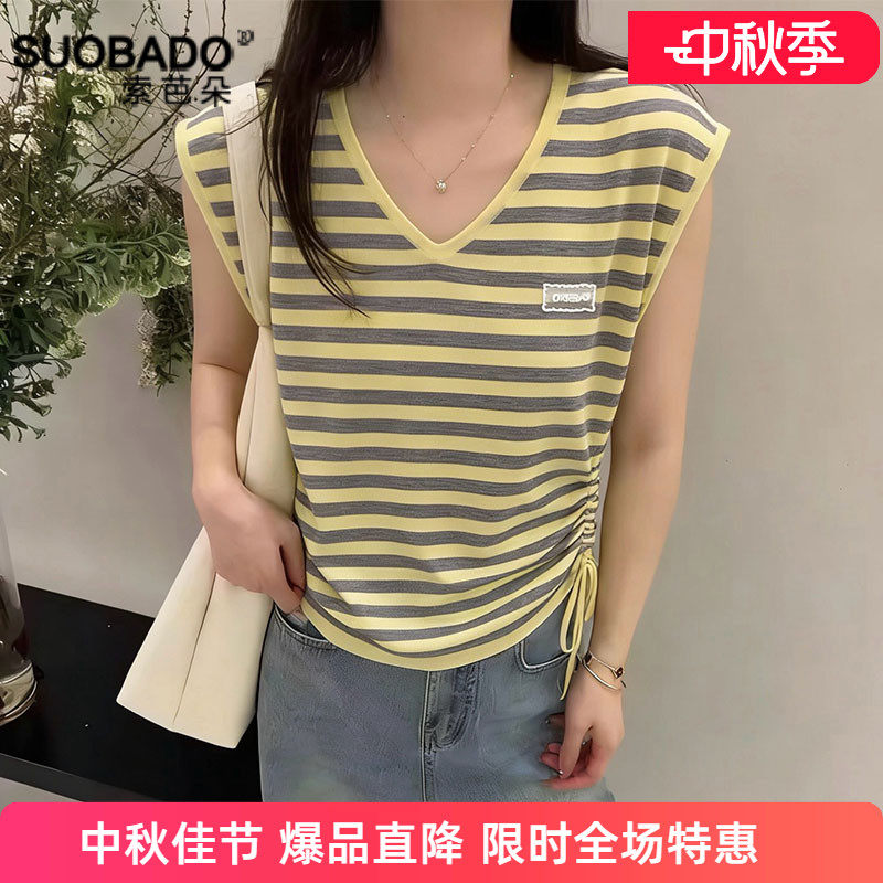2026夏季新款莱赛尔天丝上衣V领无袖休闲透气T恤外穿女套头条纹薄