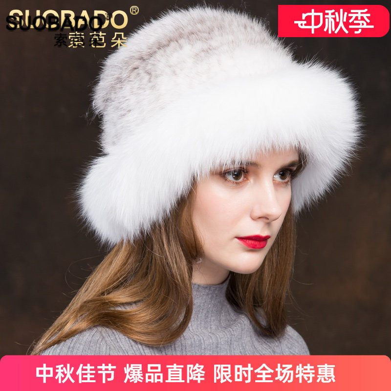 秋冬狐狸毛保暖貂毛十字女礼帽