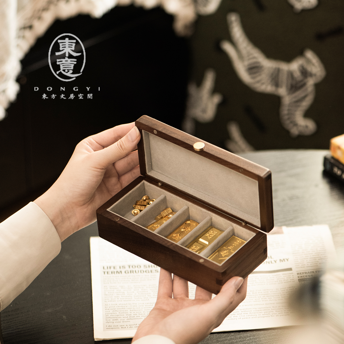 金条专用收纳盒多分格黑胡桃木