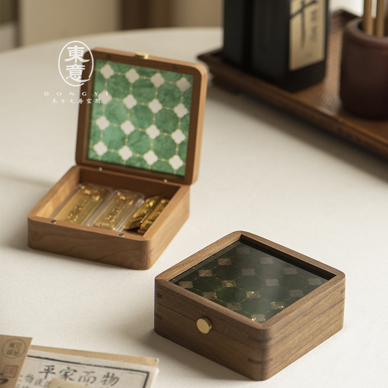 东意实木金豆金条收纳神器项链收藏盒方形黑胡桃木饰品便携首饰盒