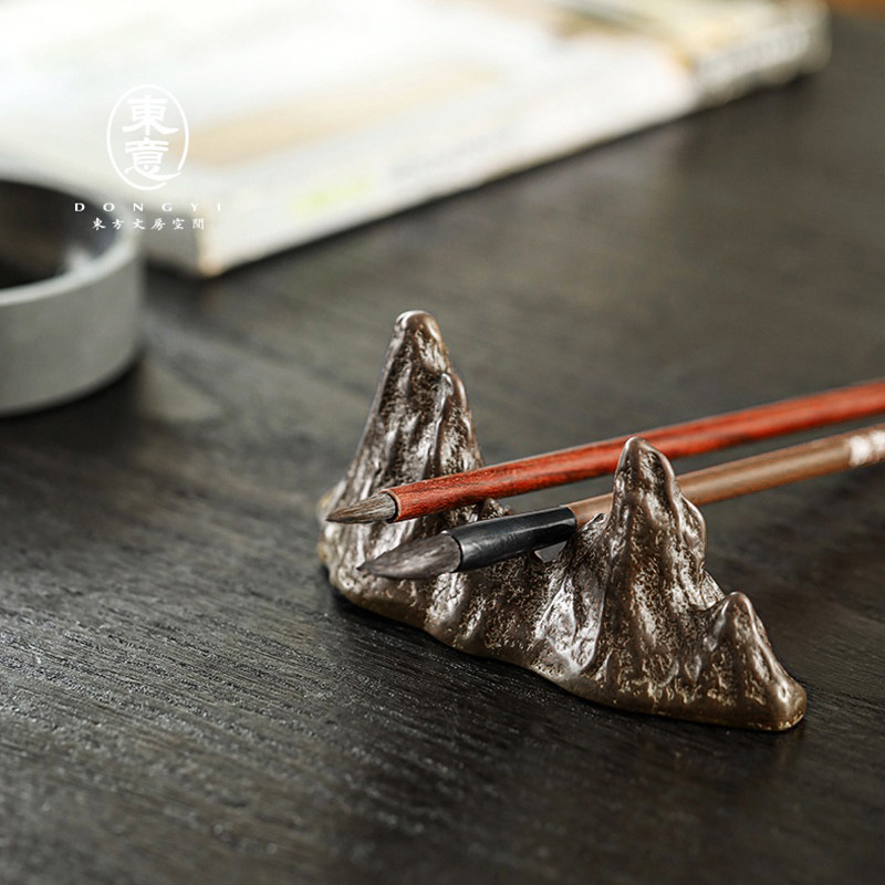 东意文房 复古实心铜山形黄铜镇纸假山毛笔笔架 笔搁书镇尺摆件