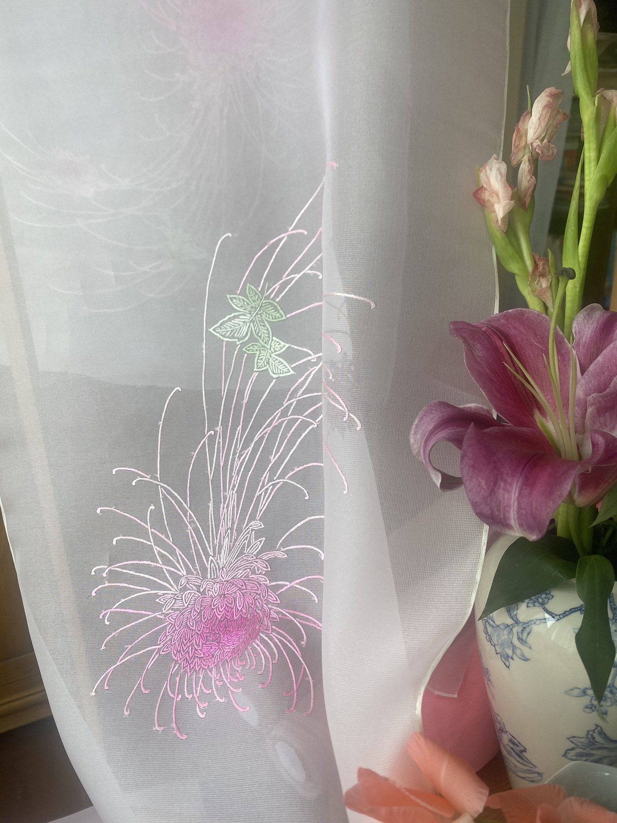 菊花昙花真丝绡桑蚕丝苏绣衣料老绣手绣面料布料汉服来料旗袍中式