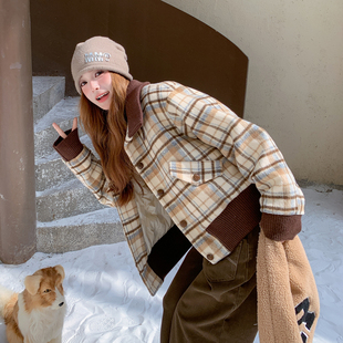 复古格子毛呢外套女短款2025新款冬季加厚羽绒内胆呢子大衣小个子
