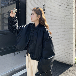 新中式国风黑色短款羽绒服女2025新款盘扣加厚保暖皮衣外套小个子