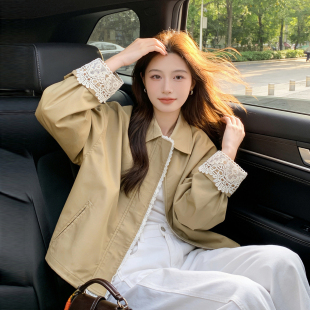 卡其色早春外套女春装2026新款巨好看的蕾丝拼接设计感上衣小个子
