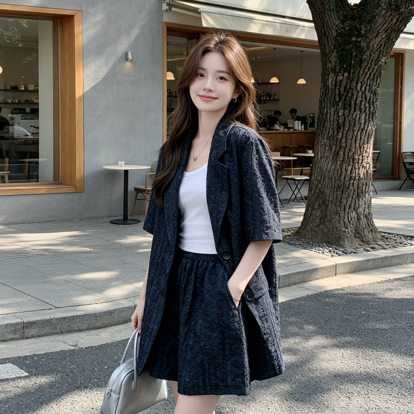 高级感短袖西装套装女2026新款夏季穿搭老钱风提花西服短裤两件套