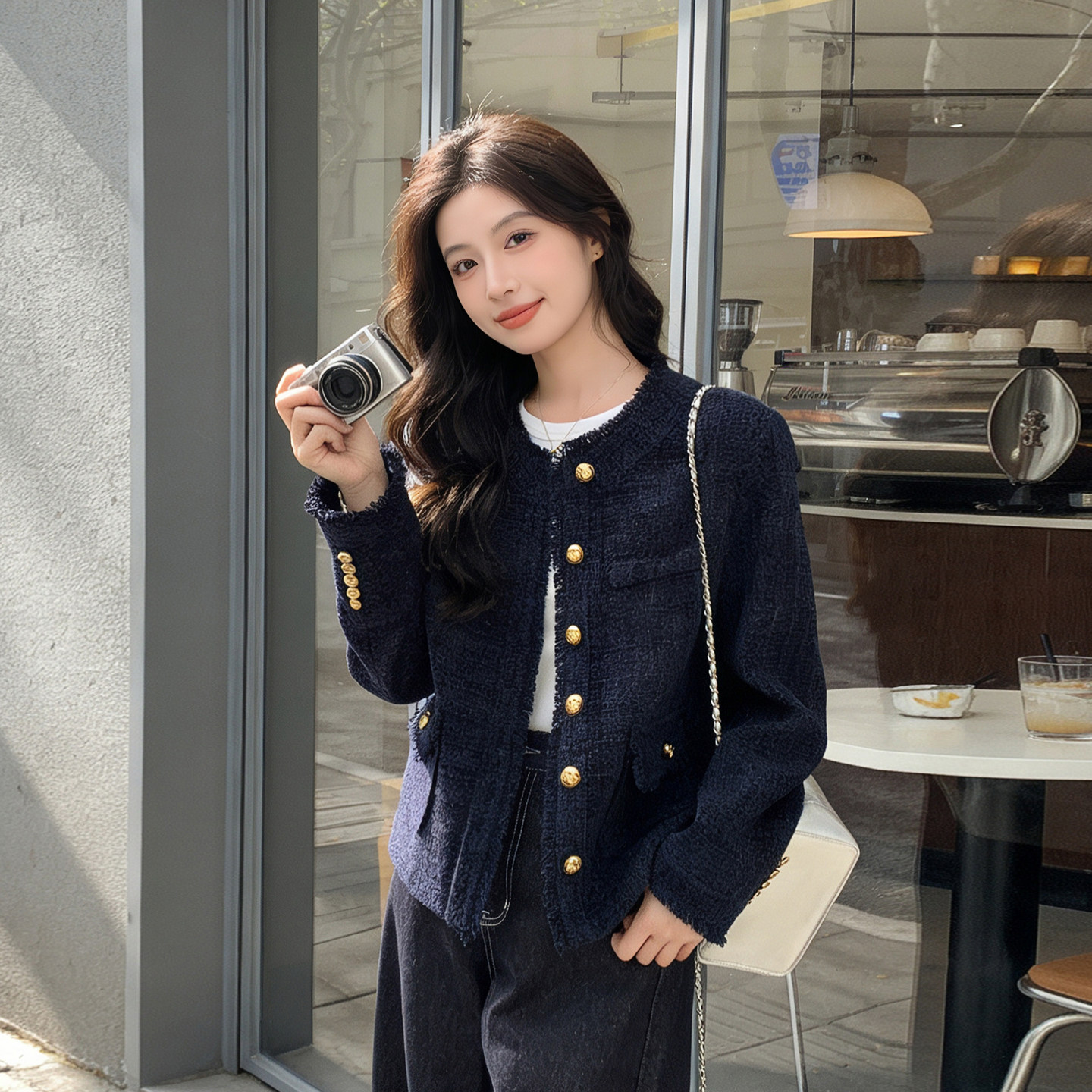 藏青色小香风外套女春装2026新款法式名媛风粗花呢气质女士上衣女