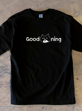 Adonis 100% 纯棉 300 克重磅圆领猫咪字母印花 T 恤短袖夏季宽松