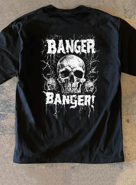 Adonis 100%纯棉300克重磅黑色长短袖T恤暗黑风骷髅印花T恤