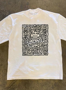 Adonis100%纯棉重磅300克短袖长袖街头涂鸦风抽象图案潮流百搭T恤