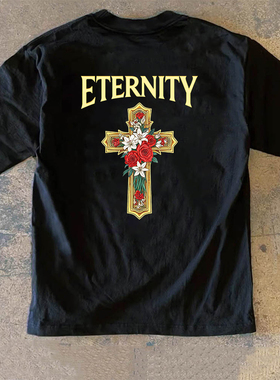 Adonis 100% 纯棉重磅 300 克短袖潮范花卉十字架字母印花百搭长