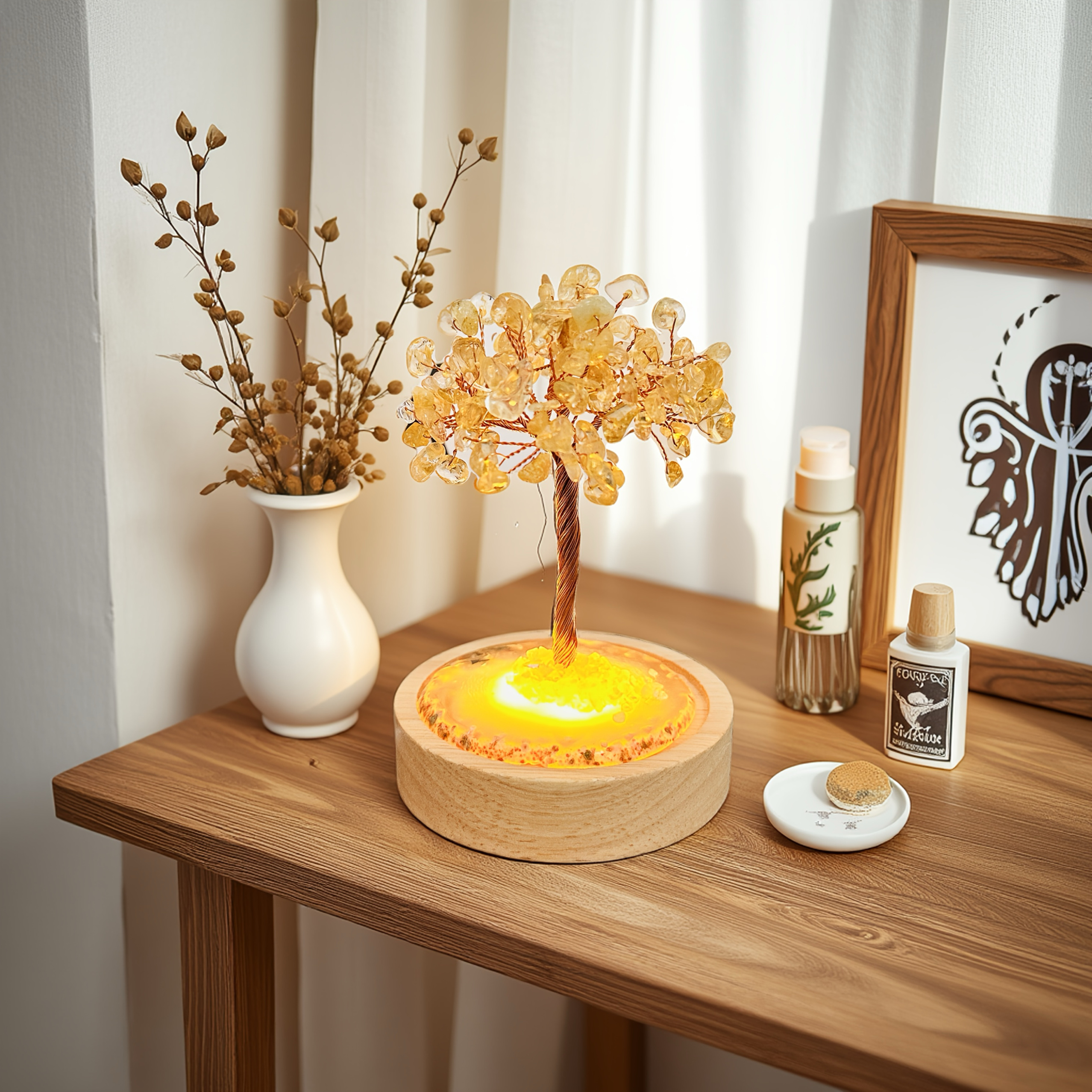 天然黄黑彩水晶桃花树饰品生日礼物可爱家居客厅办公桌面礼品摆件