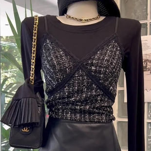 新款 韩系时尚 女2025秋季 T恤衫 气质小香风上衣 假两件吊带拼接长袖