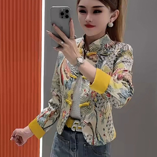 气质立领盘扣设计撞色长袖 印花短外套女秋新款 上衣 国风时尚 新中式