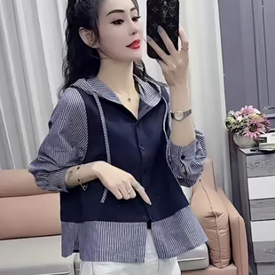 女2026春秋新款 韩版 时尚 假两件连帽衬衫 上衣 撞色条纹拼接设计长袖