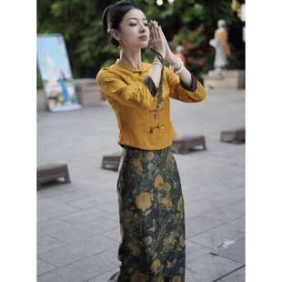 重工盘扣衬衫 新中式 国风套装 女2026春秋新款 印花半身裙两件套 时尚