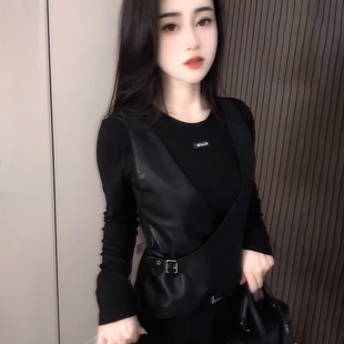 欧货高级感假两件PU皮拼接长袖 气质圆领黑色上衣 T恤女2025秋冬款